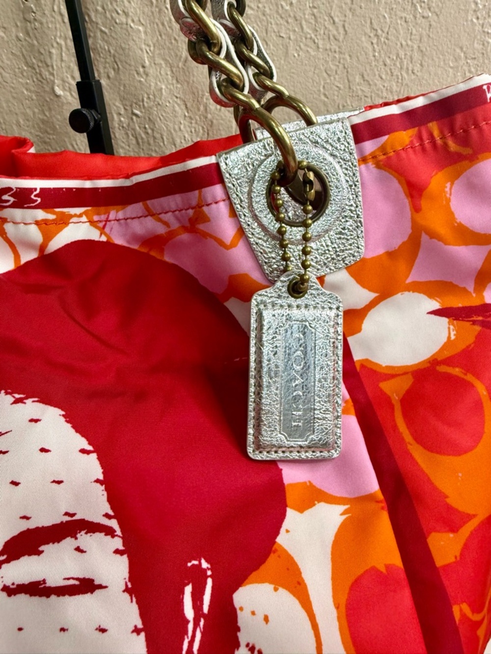 Coach Poppy Red Pink Orange Graphic Tote with Chain Straps - Picture 2 of 9